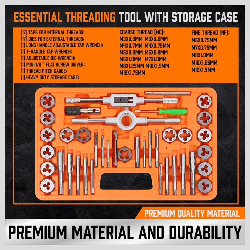 HORUSDY 40-Piece Tap and Die Set, Metric Set Threading Tapping Cutting Tool with Accessories, Pitch Gauge and Storage Case image number 3