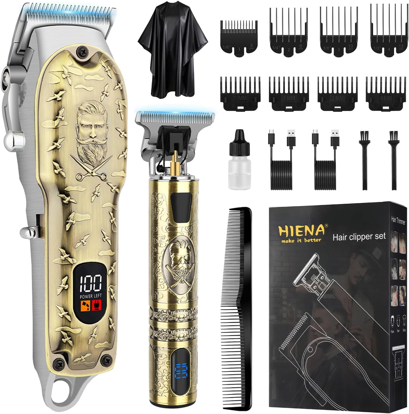 HIENA PRO Professional Hair Clippers for Men, Cordless Complete Hair Trimmer, Beard Trimmer Set, USB Rechargeable Electric Hair Cutting Kit with 8 Guide Rails and LED Display image number 5