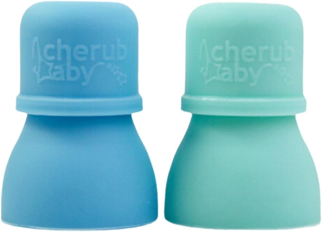 Cherub Baby Silicone Reusable Baby Food Pouch Topper Attachment Soft Non-Spill Spouts 2PK with Travel Case - Cerulean/Sage