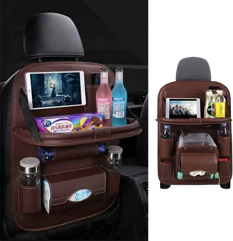2X PU Leather Car Seat Back Organiser Storage Bag Foldable Table Tray Cup Holder (2X)