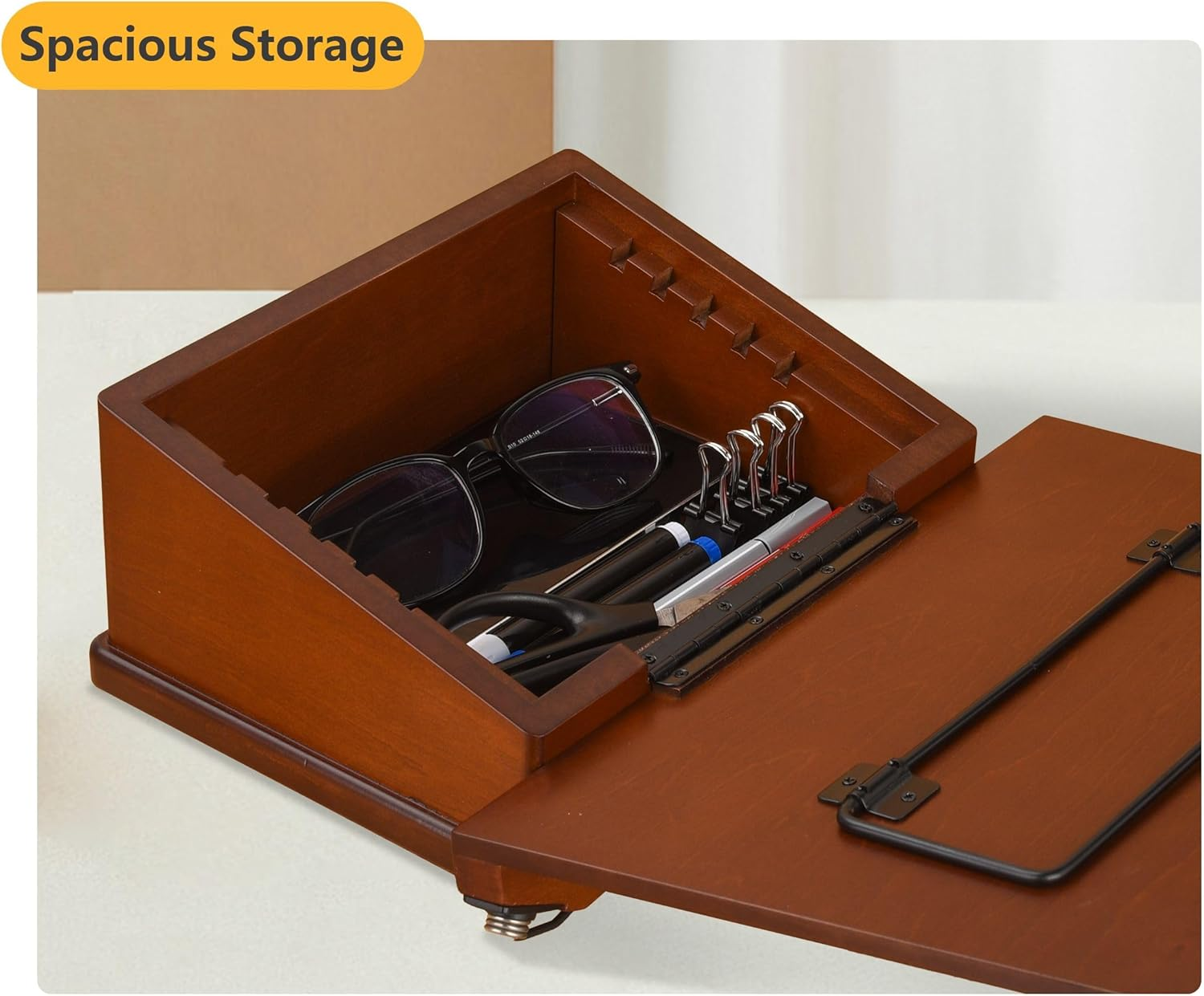 Large Wooden Book Stand with Carousel Base &ndash;Adjustable Book Holder with Storage Box and Magnetic Stand &ndash; 360&deg; Rotate Wooden Book Organizer for Cookbook, Reading Book, Magazine, Laptop (Dark Cherry)