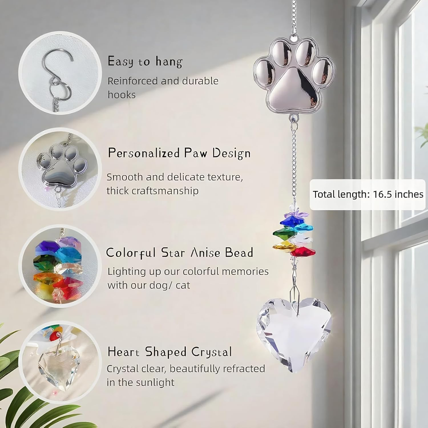 YOJAWE Pet Memorial Sun Catcher &ndash; Heartfelt Dog and Cat Remembrance Gift, Personalized Paw Design with Durable Hooks, Colorful Star Anise Bead and Crystal Clear Heart Shaped Prism image number 1