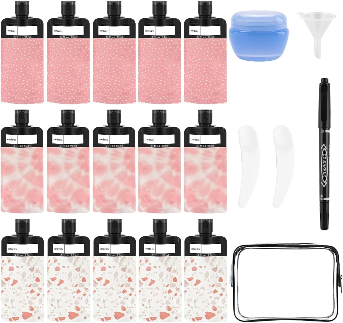 21 Pack Squeeze Pouches for Toiletries Liquid, Plastic Portable Refillable Travel Pouches, Leak Proof Fluid Makeup Packing Bag for Lotion Shampoo Conditioner Face Cream Hand Soap