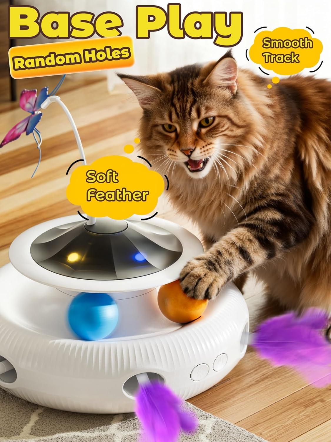 Interactive Cat Toys - 3In1 Automatic Cats Toy Indoor, Hide and Seek Kitten Toy with Track Balls, Fluttering Butterfly, Moving Ambush Feather & LED Lights,Rechargeable Hunting Exercise Kicker