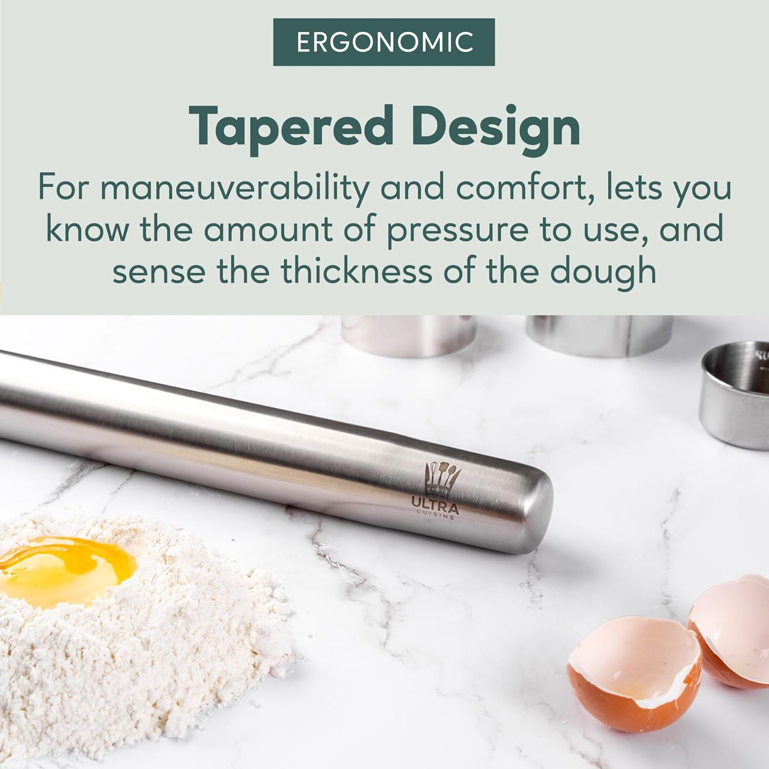 Ultra Cuisine Professional French Rolling Pin for Baking - 15.75" Smooth Stainless Steel Metal and Tapered Design Best for Fondant, Pie Crust, Cookie and Pastry Dough - Baker Roller By image number 1