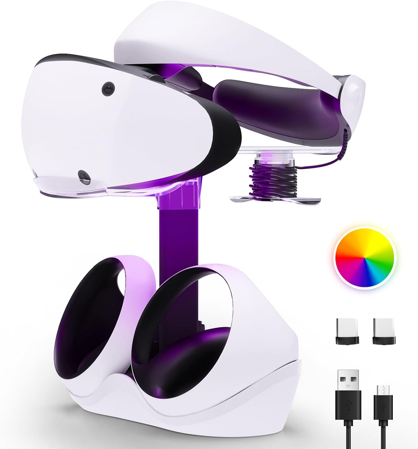 HONCAM Charging Station for PSVR 2, Multifunction PSVR2 Stand with 7 RGB Light, Headset Display Stand, Sense Controllers Charger Dock, Magnetic Connector, Type-C Cable, White image number 1