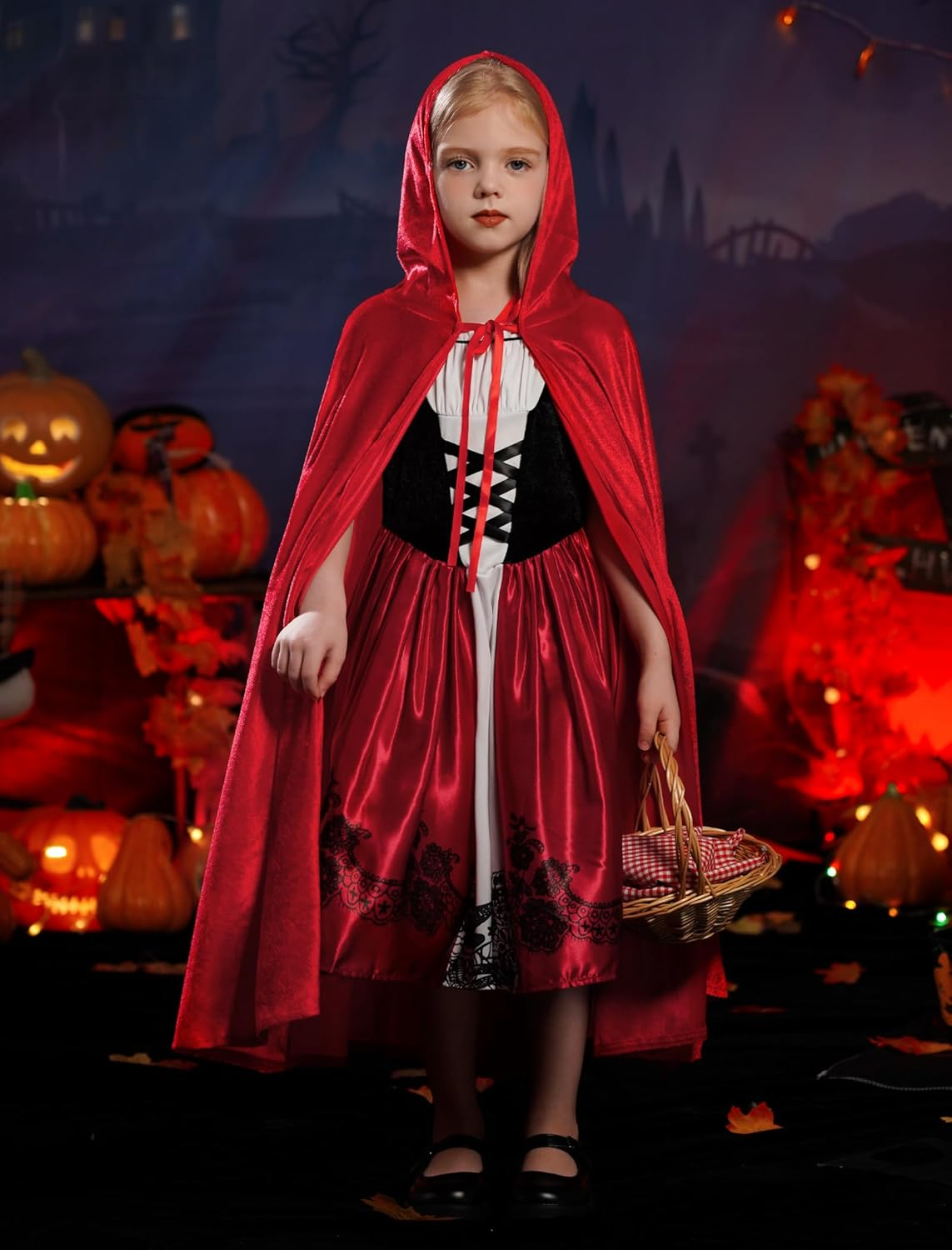 IMEKIS Little Red Riding Hood Costume for Girls Dress Velvet Cape Cloak Halloween Cosplay Kid Storybook Fairy Tale Outfits