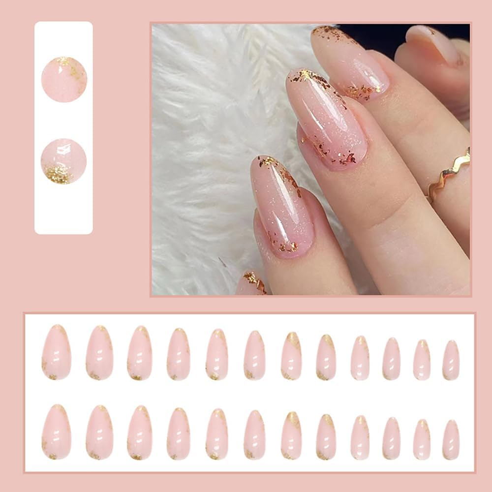 Almond Nails for Sticking, Short with Glitter, Pack of 24, Clear Glossy Artificial Nails, Press on Nails, Acrylic Fingernails, Fake Nails, Short for Women image number 6