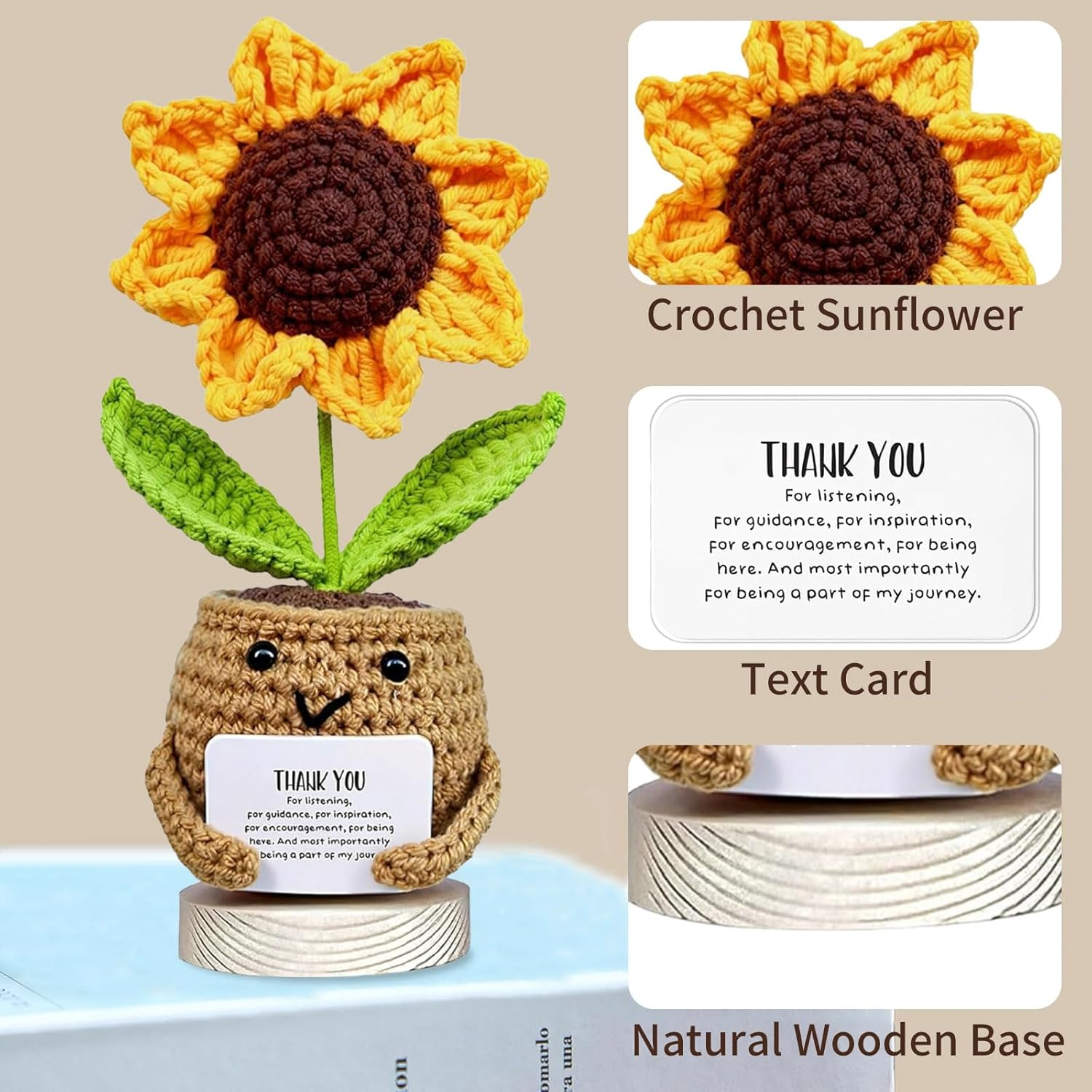 Teacher Appreciation Gifts, Thank You Gifts for Teachers, Handmade Crochet Sunflower with Card, Graduation Gifts, Christmas Birthday Gift, Coworker Friend Gift, Unique Crochet Decor (A) image number 6