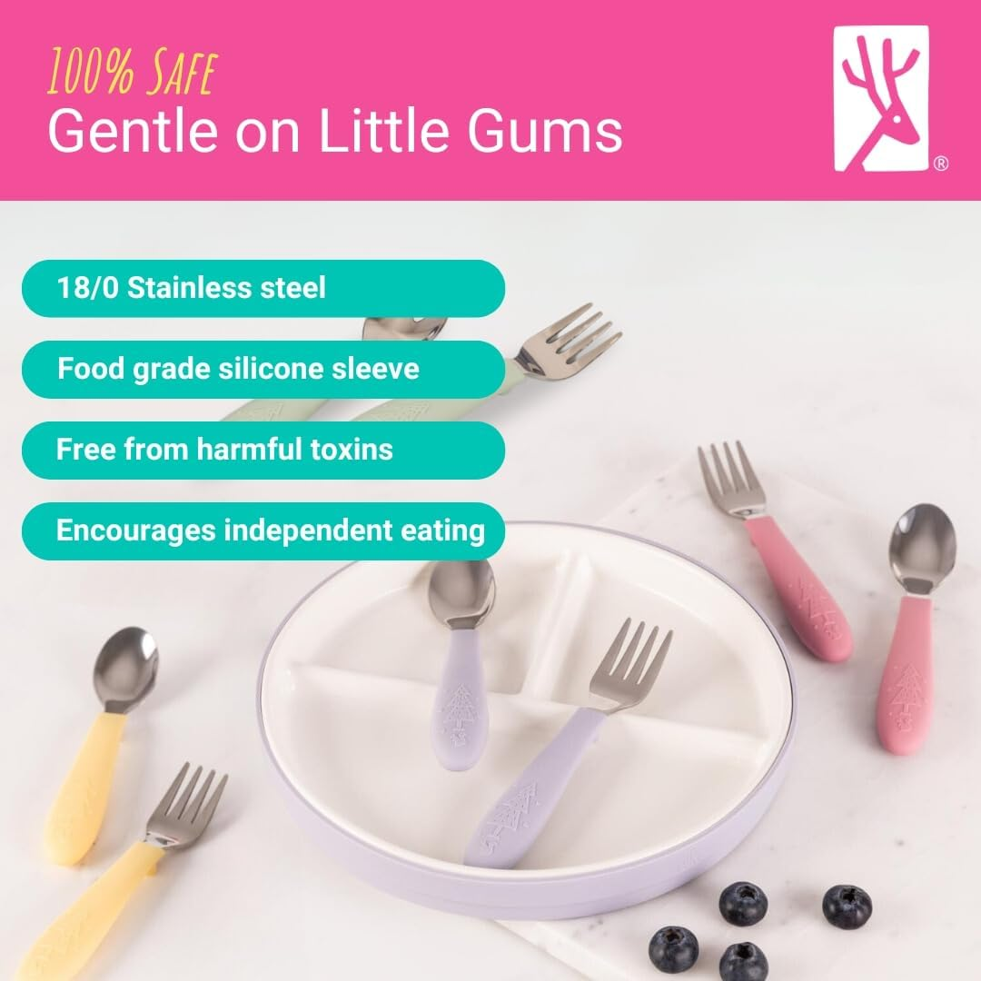 Elk and Friends Kids Silverware with Silicone Handle | Childrens Safe Flatware | Toddler Utensils | Baby Spoons + Forks | Stainless Steel Cutlery | Dishwasher Safe | 6 Pieces image number 1