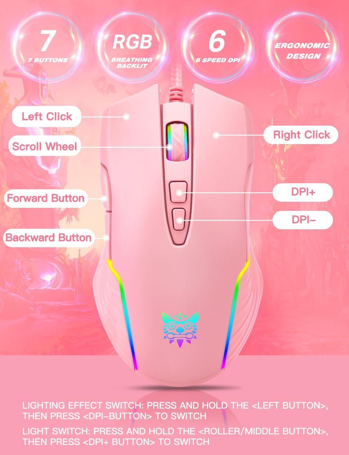 ONITOON Wired USB Mouse Wired, Ergonomic Optical Mice with RGB Backlit, 6 Adjustable DPI up to 7200, Corded Mouse with 7 Buttons for PC, Computer, Laptop image number 4