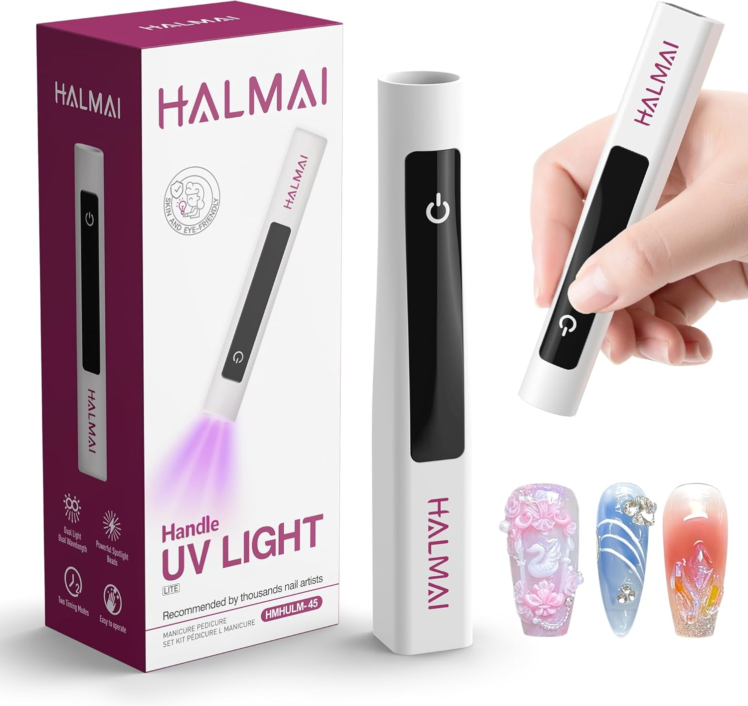 Halmai Handheld UV Nail Lamp for Gel Polish,Portable Mini Red Light with Led,Cordless Rechargeable USB Dryer,At-Home Manicure Salon Tool with Fingernail Curing,Nail Stamping & Cat Eye Magnet (White) image number 1