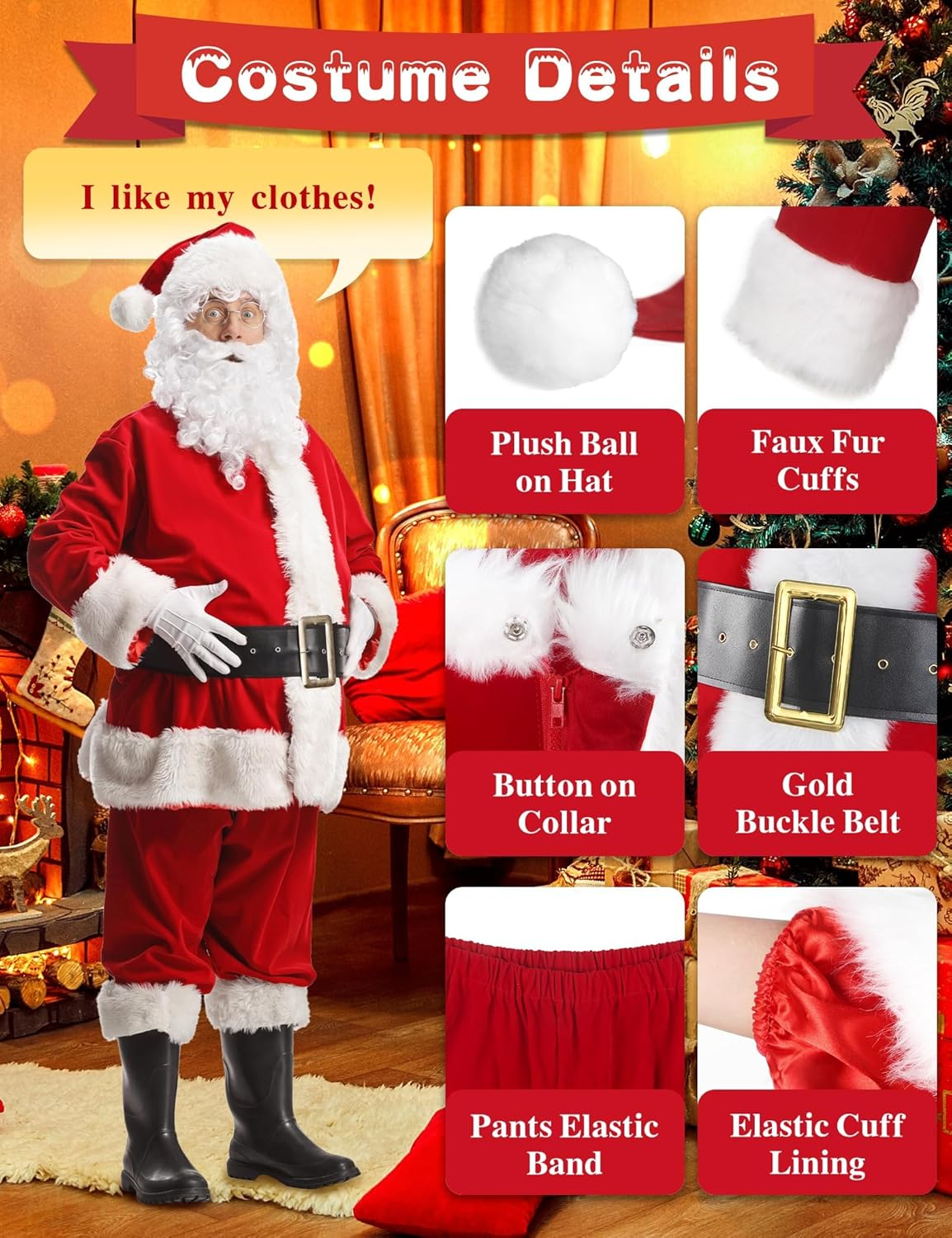 Christmas Santa Claus Costume for Men Adult 11 Pcs Deluxe Velvet Suit Outfit Xmas Santa Holiday Party Cosplay