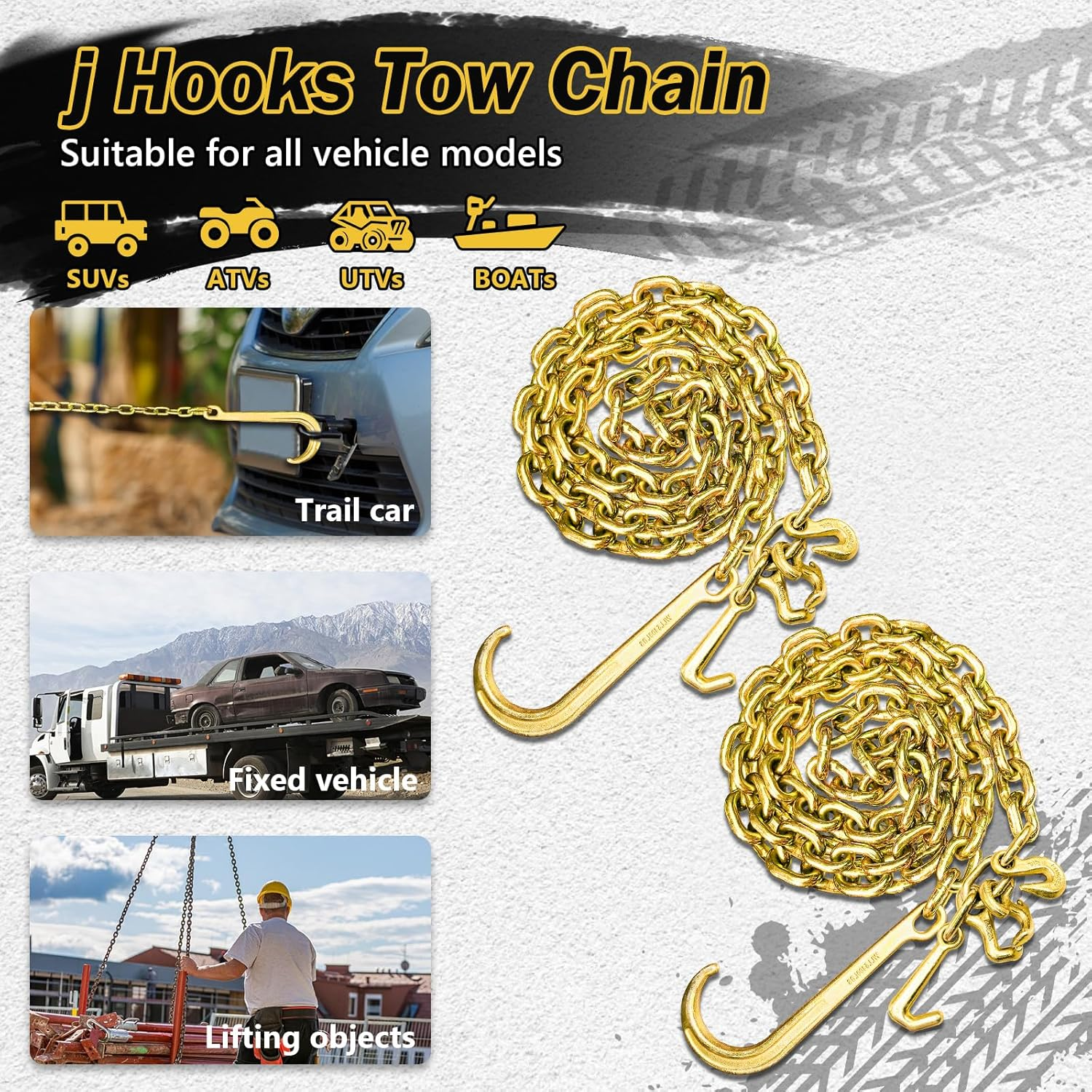 G80 J Hooks Tow Chain, 5/16" X 6' Recovery Tow Hooks Chain 15IN J Hook W/Rtj & Grab Hook, 18800LBS Tow Truck Accessories J Hooks, Bridle Tow Transport Chain, Wrecker Towing Truck Equipment, 2PCS image number 4