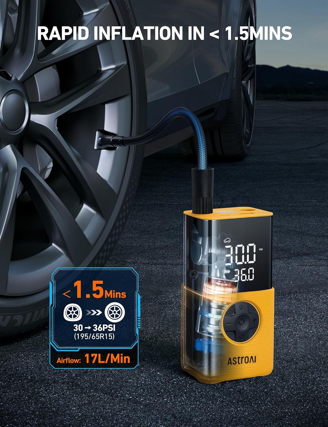 Astroai L7S Tyre Inflator Portable Air Compressor Cordless Bike Pump with Digital Dual Values Display, 150 PSI Car Tyres Pump with LED Lights Air Pump for Cars, Motorcycles, Bikes, Balls image number 5