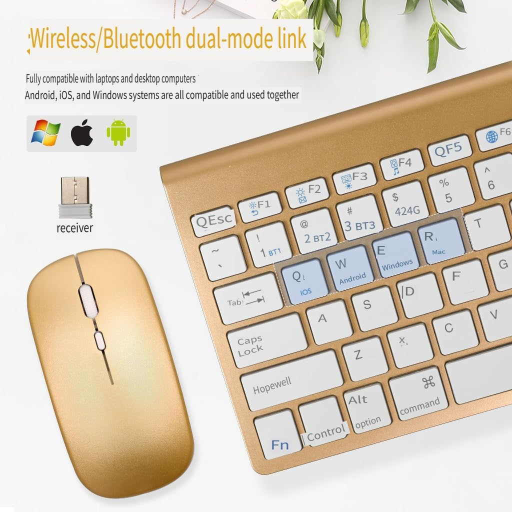 Bluetooth Keyboard and Mouse Set for Mac, Wireless Bluetooth Dual-Mode Office Keyboard and Mouse Combo, 2.4G Ultra-Thin Compact Quiet, for Windows, Computer, Desktop, PC, Notebook, Laptop (Gold) image number 3