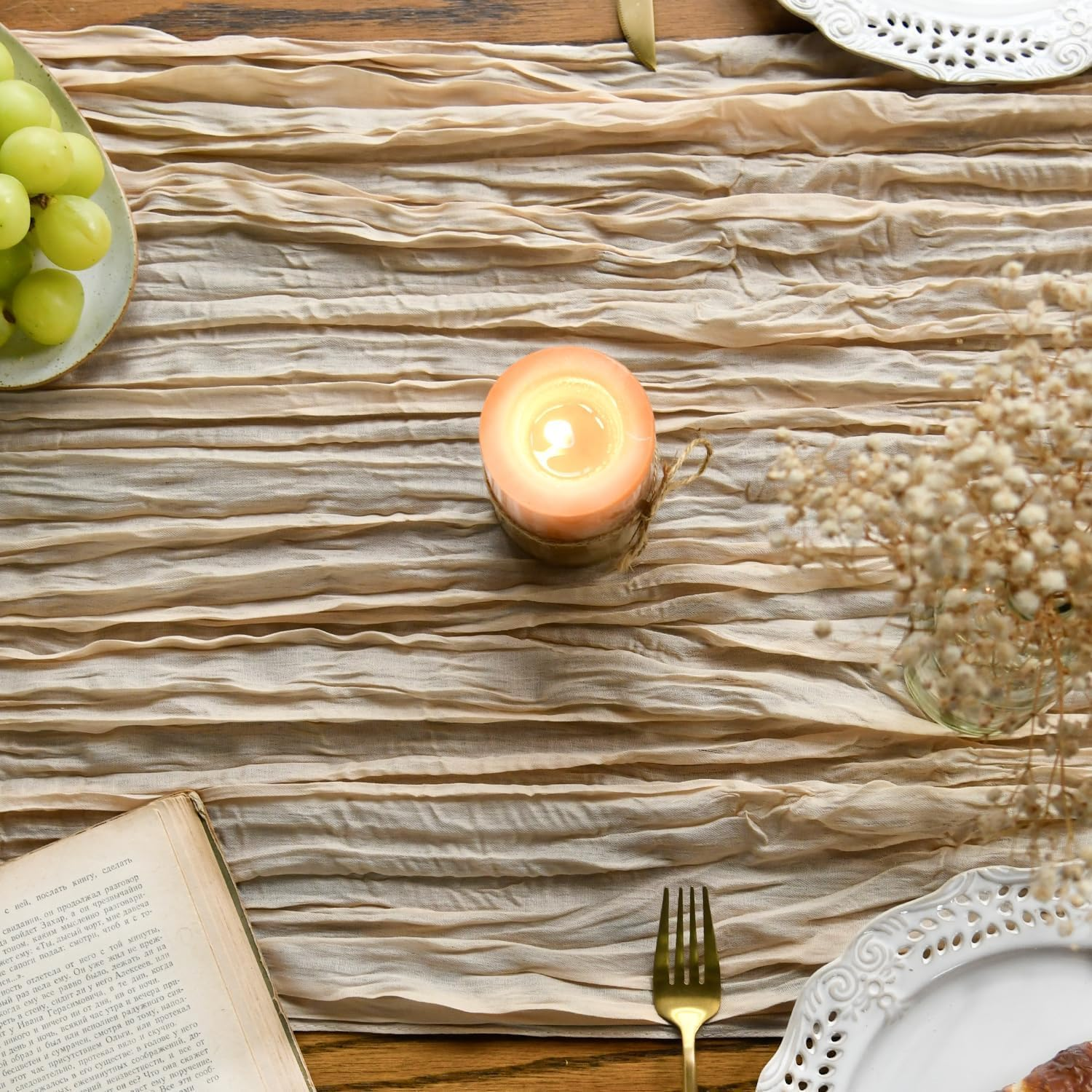 Usinynia 2 Packs Chiffon Table Runner Boho Cheesecloth Gauze Table Runners Wrinkle Boho Rustic Tablecloth for Wedding Valentines Party Romantic Table Decoration (Khaki,90X300Cm) image number 4