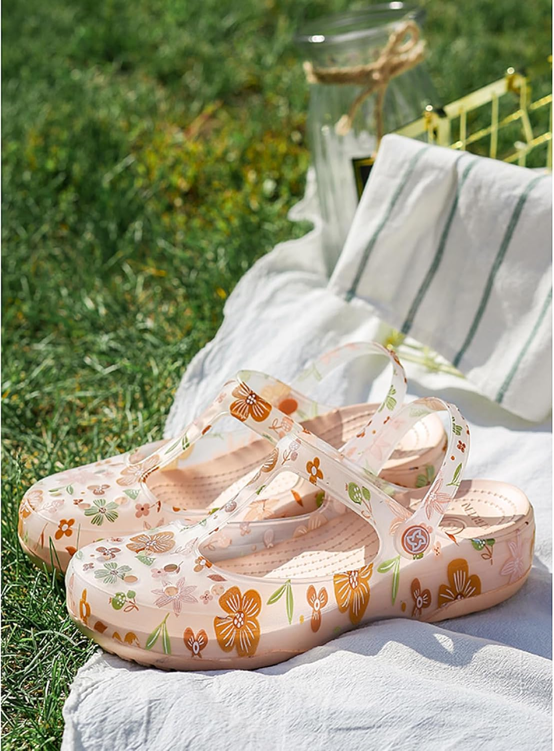 KELMALL Non Slip Clogs for Women, Classic Slip on Platform Nursing Garden Mules & Clogs Comfort Lightweight, Gold Flower Bloom, 8