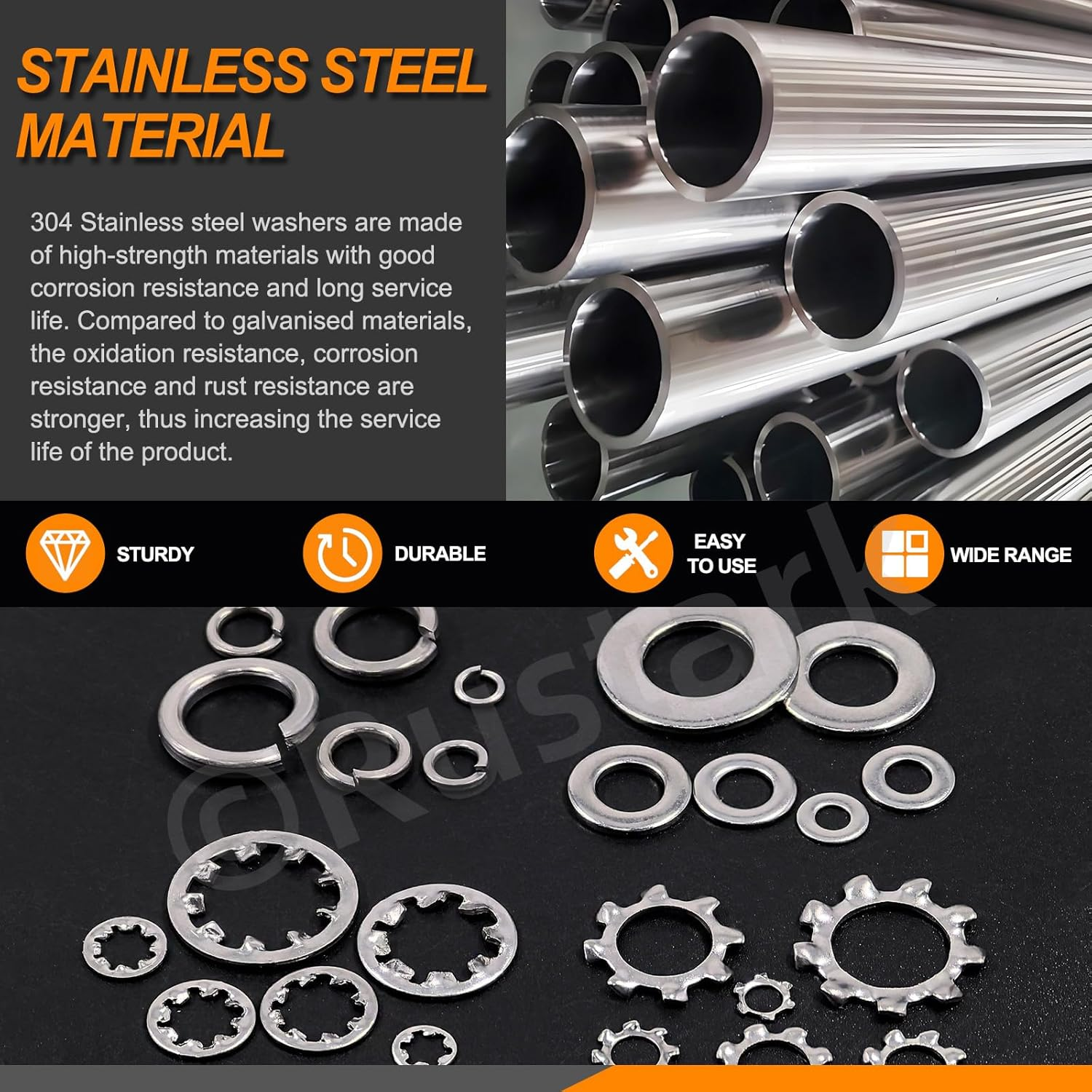 Rustark 400Pcs 6 Sizes 304 Stainless Steel SAE External & Internal Star Washers & Split Lock Washers & Flat Washers Assortment Kit Spring Lock Washers for Home Industry Construction image number 1