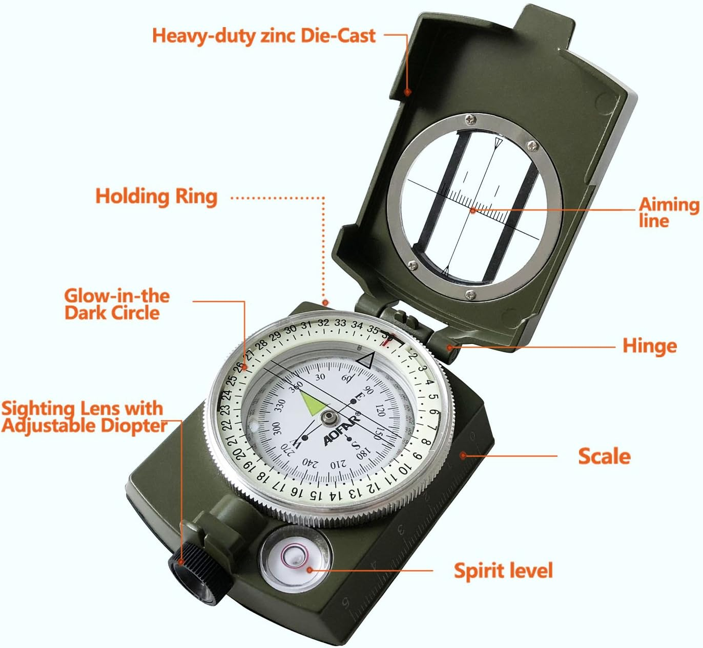 AOFAR Military Compass,Af-4580 Lensatic Sighting, Waterproof and Shakeproof with Map Measurer Distance Calculator, Pouch for Camping, Hiking image number 4