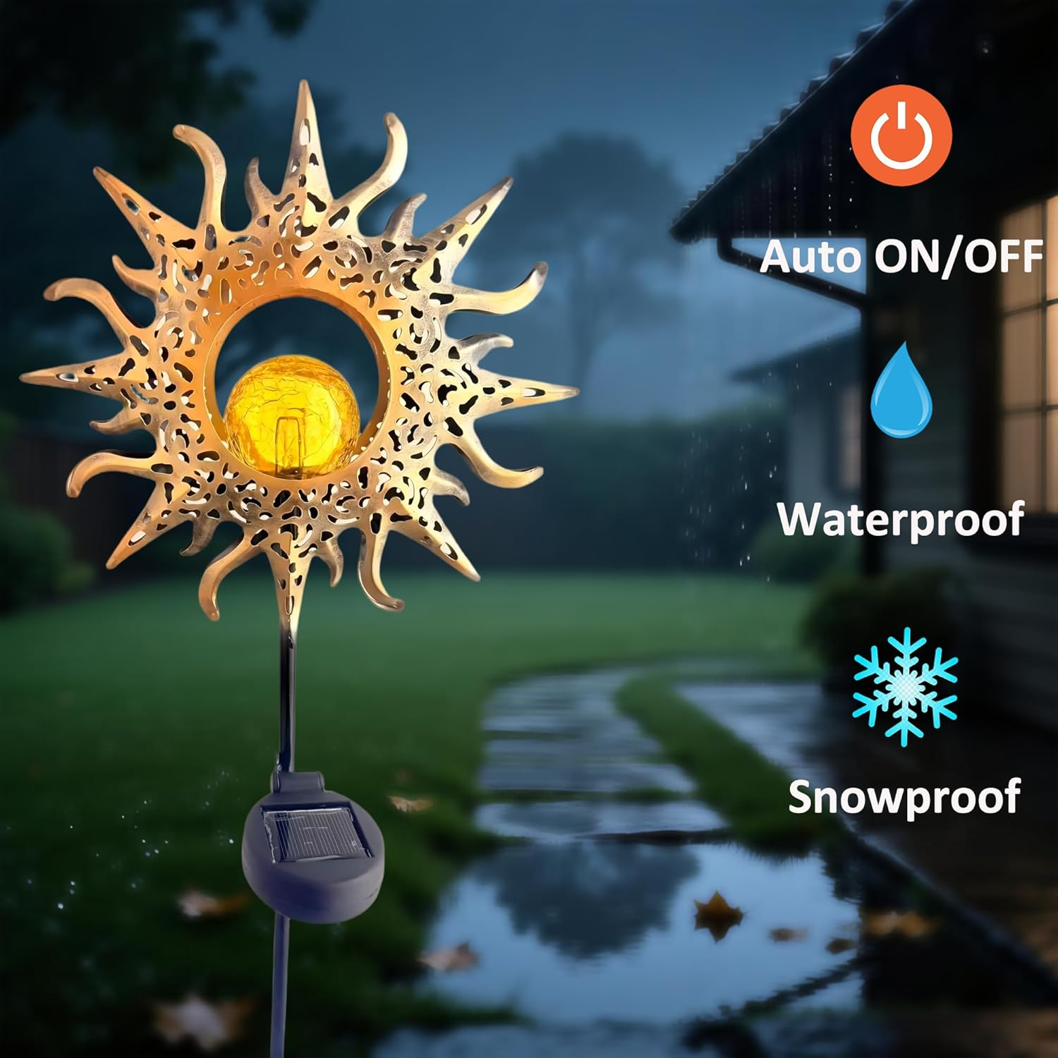 Home Decor Solar Outdoor Garden Lights Decorations, Sun & Fire Warm Globe Lights for Outdoor Decoration Exterior Pour Terrasse & Patio Decor Garden Accessories (Sun)