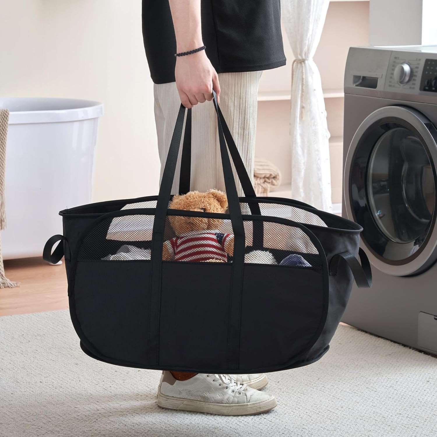 65L Mesh Laundry Basket 2 Pcs Pop up Laundry Hampers with 4 Reinforced Carry Handles, Foldable Laundry Basket for Clothes Toys Easy to Carry Collapsible Laundry Basket (Black) image number 6