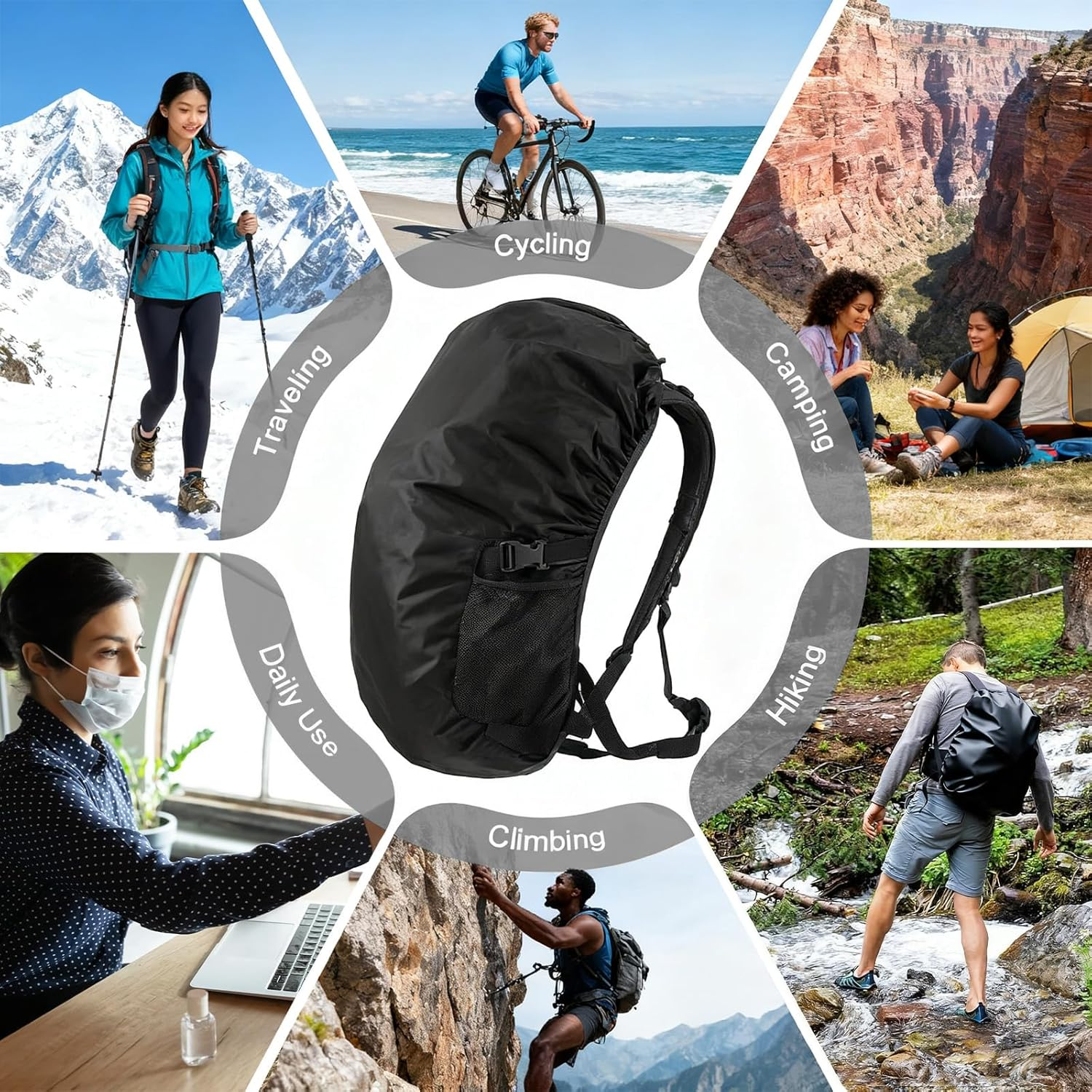 Backpack Rain Cover Outdoor, Waterproof Ultralight Backpack Cover, Portable Rain Cover Anti-Dust, Rain Cover for Outdoor Activities for Camping, Cycling, Traveling (Black) image number 1