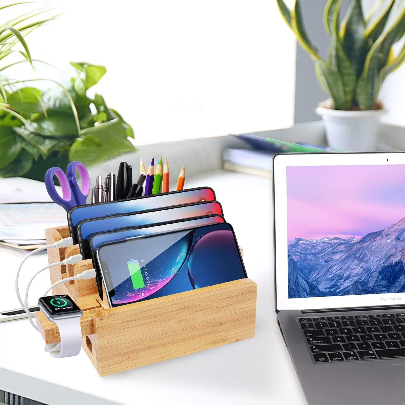 Bamboo 5-Slot Charging Station Docking Holder, USB Charging Station for Multiple Devices, Smartwatches, Tablets, Yellow image number 1