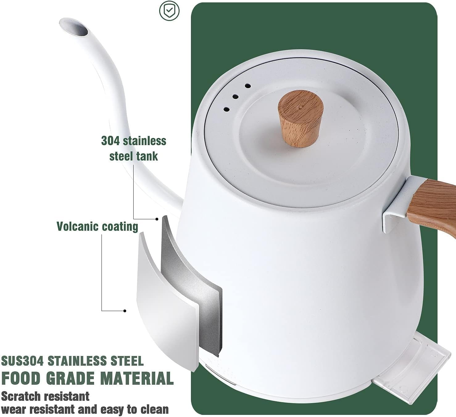 Gooseneck Electric Kettle 0.8L,304 Stainless Steel for Pour-Over Coffee & Tea, 1000W Rapid Heating, Leak-Proof Design, Auto Shutoff Anti-Dry Protection, Wood Handle (White) - White image number 2