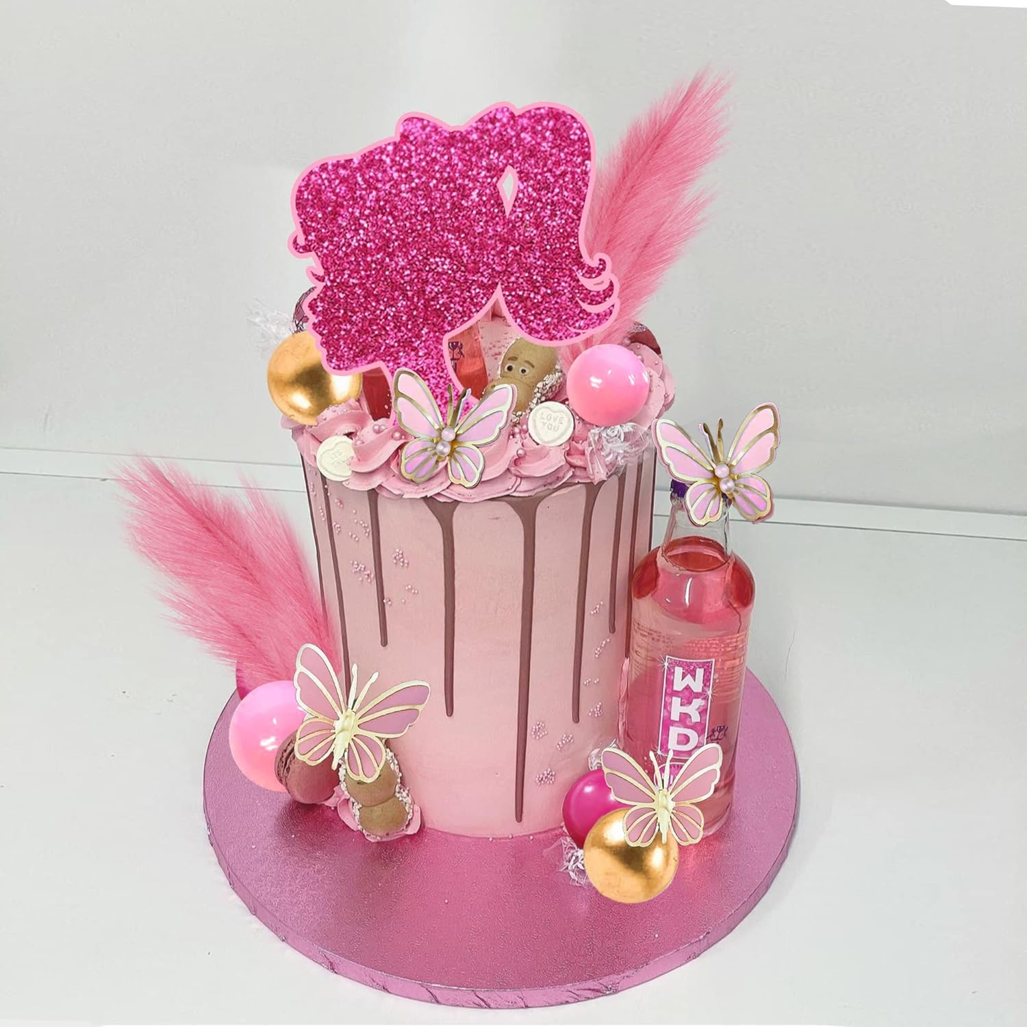 Hot Pink Girl Cake Topper Balls Cake Decorations with Shiny Stars for Wedding Baby Shower Birthday Supplies (Butterfly) image number 1