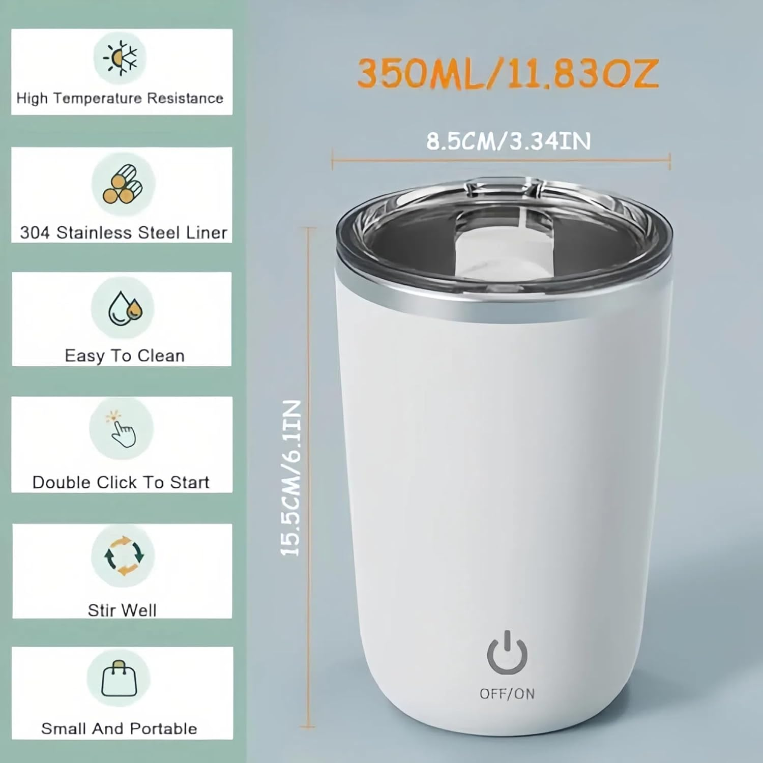 LIFEBEA Rechargeable Self Stirring Coffee Mug &ndash; Automatic Electric Mixer Cup with Lid, 304 SS, IPX6 Waterproof for Protein Powder, No-Lump, Portable Travel Mug - Green image number 3