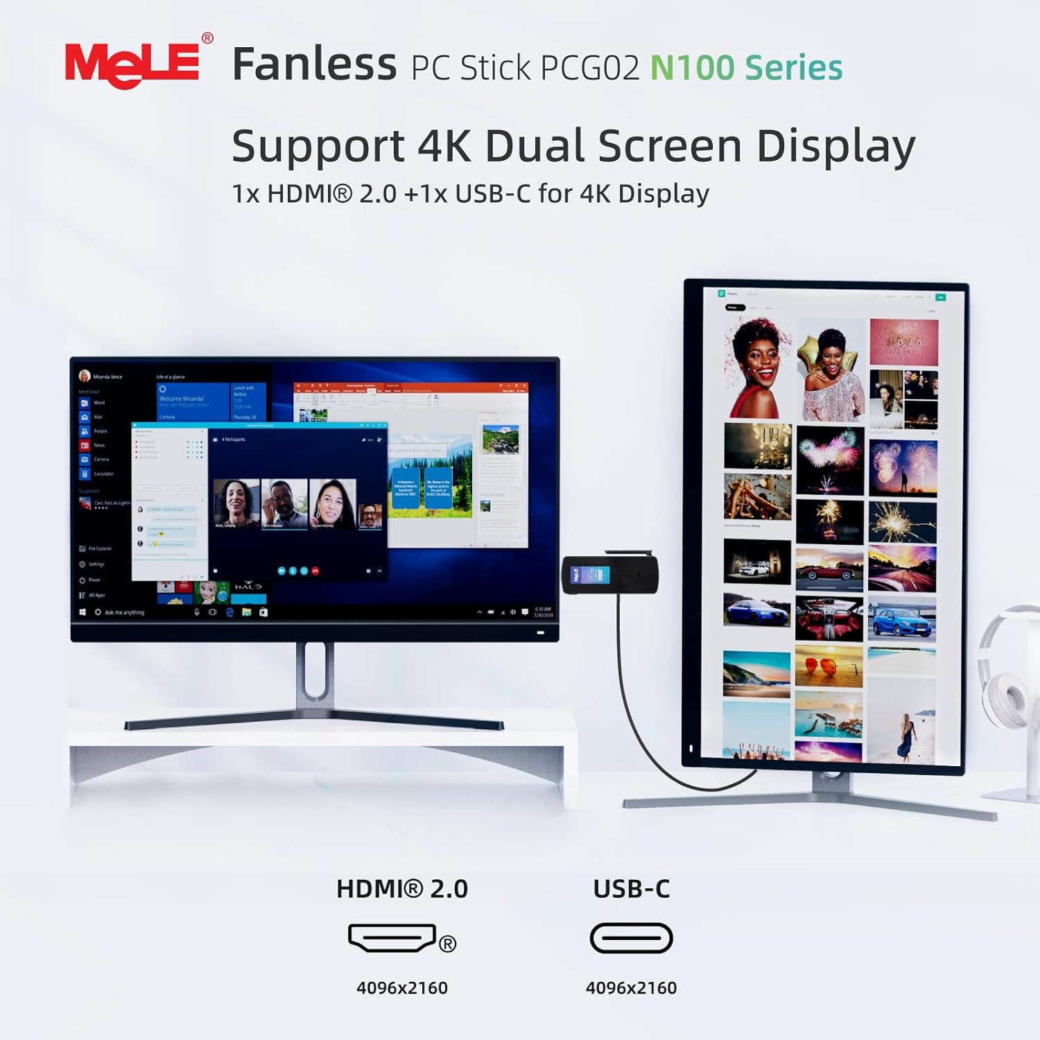 Mele PCG02 N100 Slim Mini PC Stick Windows 11 Home 4GB/128GB, Full Function USB-C Fanless Mini Computer Stick 2X HDMI 4K Display 2.4/5G Wifi BT5.1 Gbe Micro PC with Vesa, on Office Iot Digital Signage image number 6