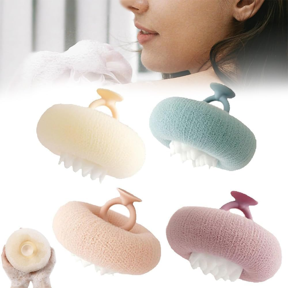 Upgrade 2-In-1 Sunflower Bath Ball, Super Soft Sunflower Suction Cup Bath Ball, 2-In-1 Exfoliating Bath Sponge Cleaning Brush with Suction Cup, Shower Sponges for Women Men (Beige+Blue)