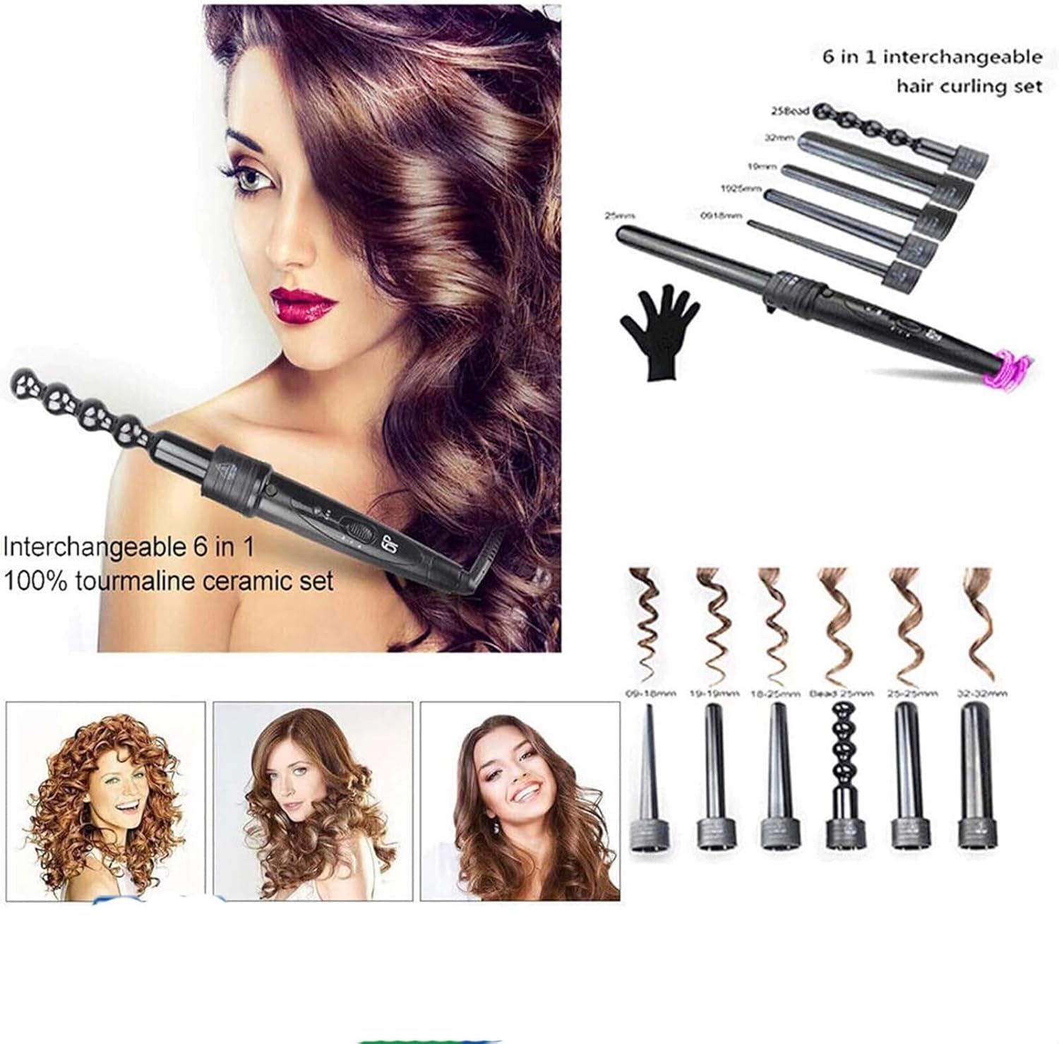 6 in 1 Interchangeable Ceramic Hair Curler Set for All Hair with Heat Protective Glove and Hair Clips, Professional Curling Wand Setwith 6 Interchangeable Barrel image number 2