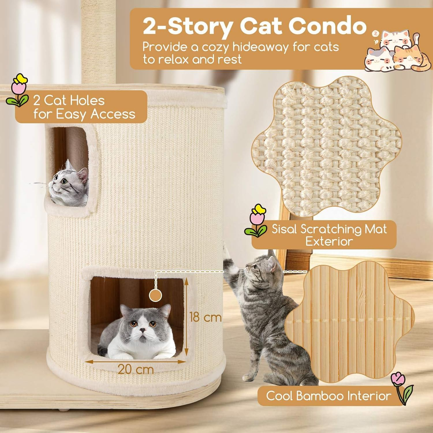 Costway 151 Cm Tall Cat Tree, Wooden Cat Tower W/ 2-Story Condo, Sisal Scratching Posts & Mat, Perch, Hammock, Washable Plush Cushion, Multi-Layer Kitten Activity Center, Modern Indoor Cat Furniture image number 1