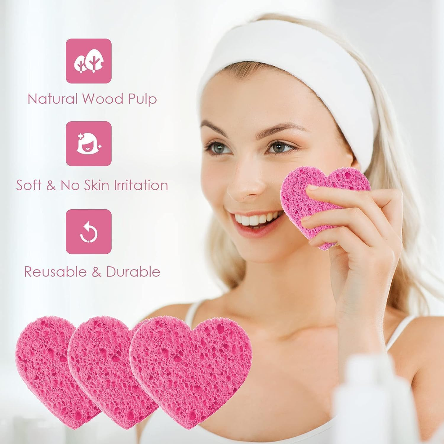 100 Pieces Facial Sponges, Heart Shape Compressed Face Sponge Natural Sponge Pads for Washing Face Cleansing Exfoliating Esthetician Makeup Removal (Pink) image number 4