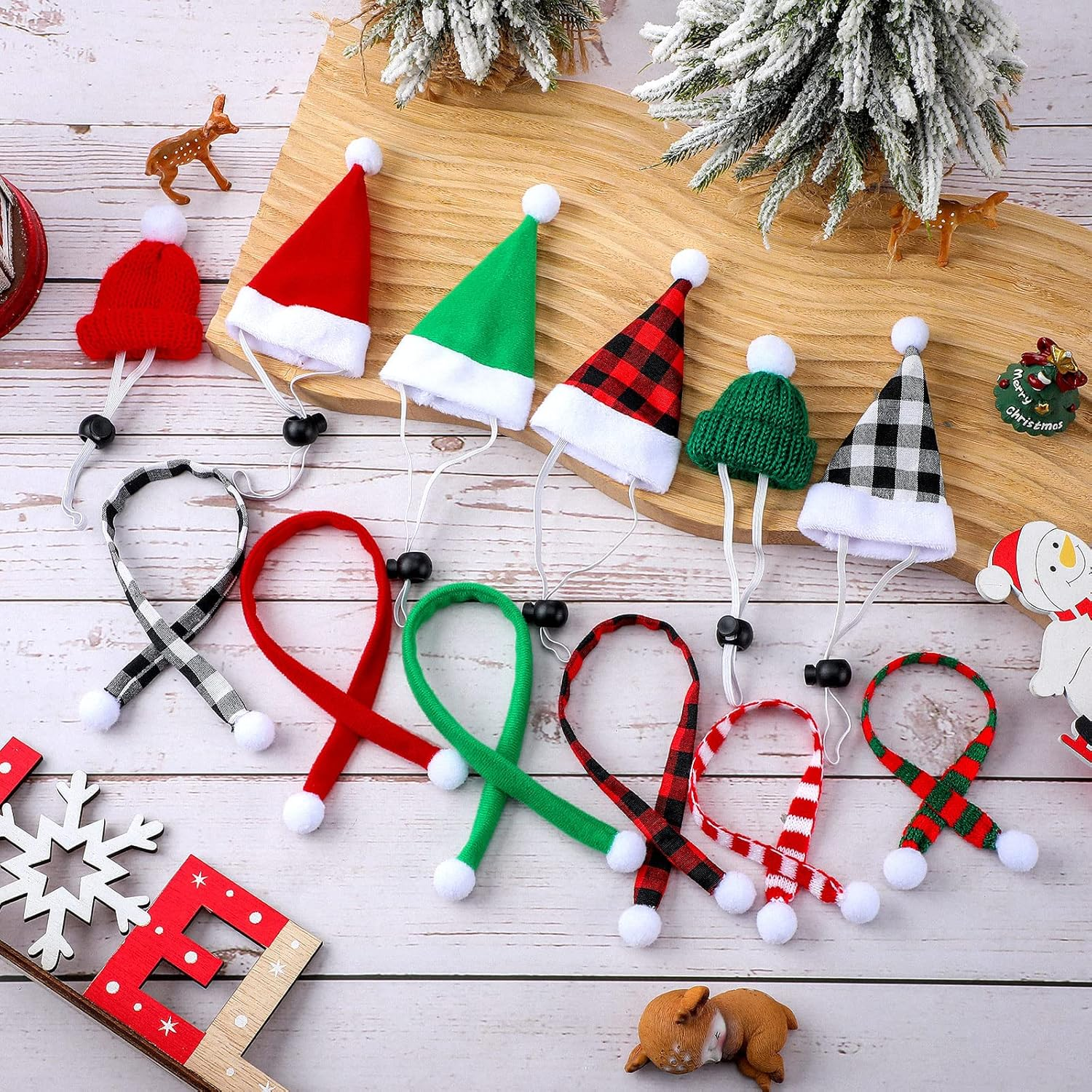 12 Pieces Small Animal Christmas Costume Mini Santa Hat and Scarf Xmas Guinea Pig Adjustable Warm Stripe Knit Scarf and Buffalo Plaid Hat for Rabbit Hamster Guinea Pig Bunny Chinchilla Small Pets image number 3