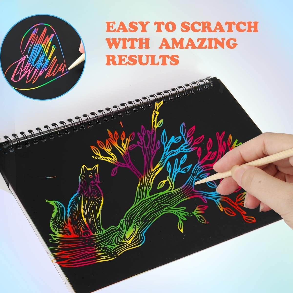 Sunbilien Rainbow Scratch Art Paper for Kids, 2 Pack Scratch Paper Notebooks Set W/ 6 Stencils 2 Wooden Styluses for Drawing Doodling Painting - DIY Arts and Crafts Easter Christmas Birthday Kids Adults image number 1