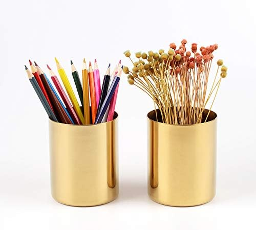 Pencil Cup Holder Desk Organizer, Gold Pen Pot Pen Holder Container Desktop Stationery Organizer Table Vases Flower Pot Makeup Brush Holder,Stainless Steel Gold image number 4