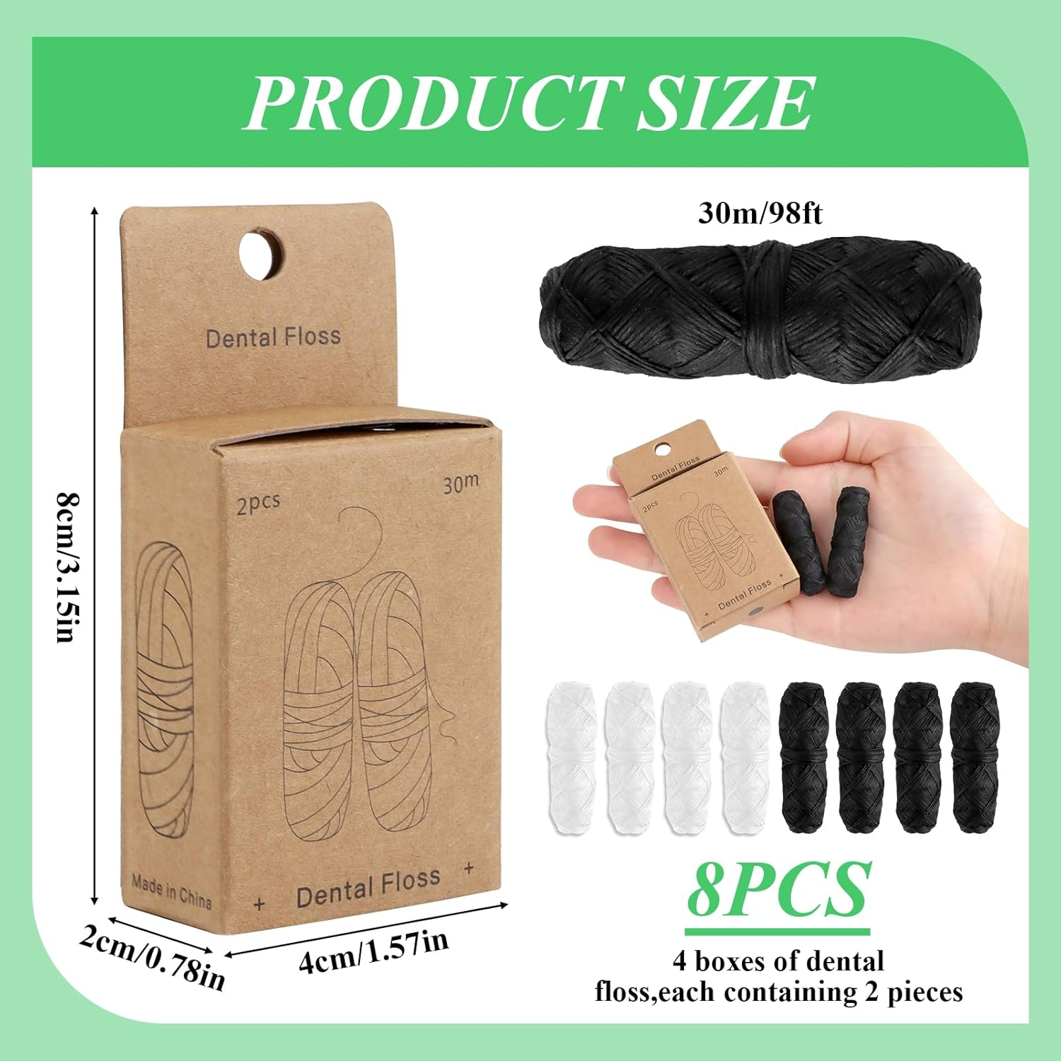 8 Pcs Dental Floss Refill, Biodegradable Bamboo Charcoal & Corn Dental Floss, Eco-Friendly Oral Care Set, Compostable Plastic Free Waxed with Natural, Sustainable Teeth Hygiene Supply 8 X 30M