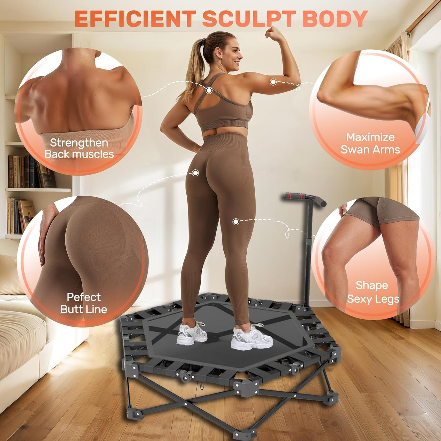 AMXGPT40 Inch Trampoline Has a Maximum Load Capacity of 300KG, the Fitness Trampoline Is Equipped with Adjustable Foam Handles, Suitable for Indoor/Outdoor Exercise for Adults and Children image number 2