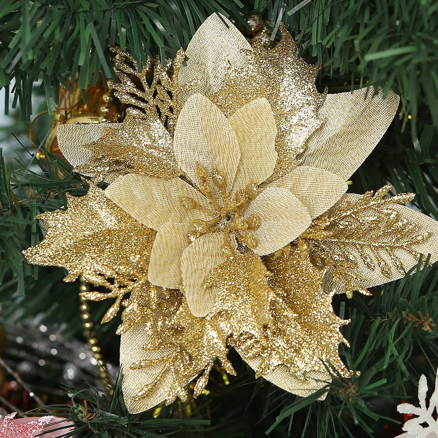 12 Pcs Poinsettia Artificial Christmas Flowers Decorations with Clips and Stems Glitter Christmas Poinsettia Decorations for Xmas Tree Ornaments Winter Party Wreath Decoration (Bright Golden)
