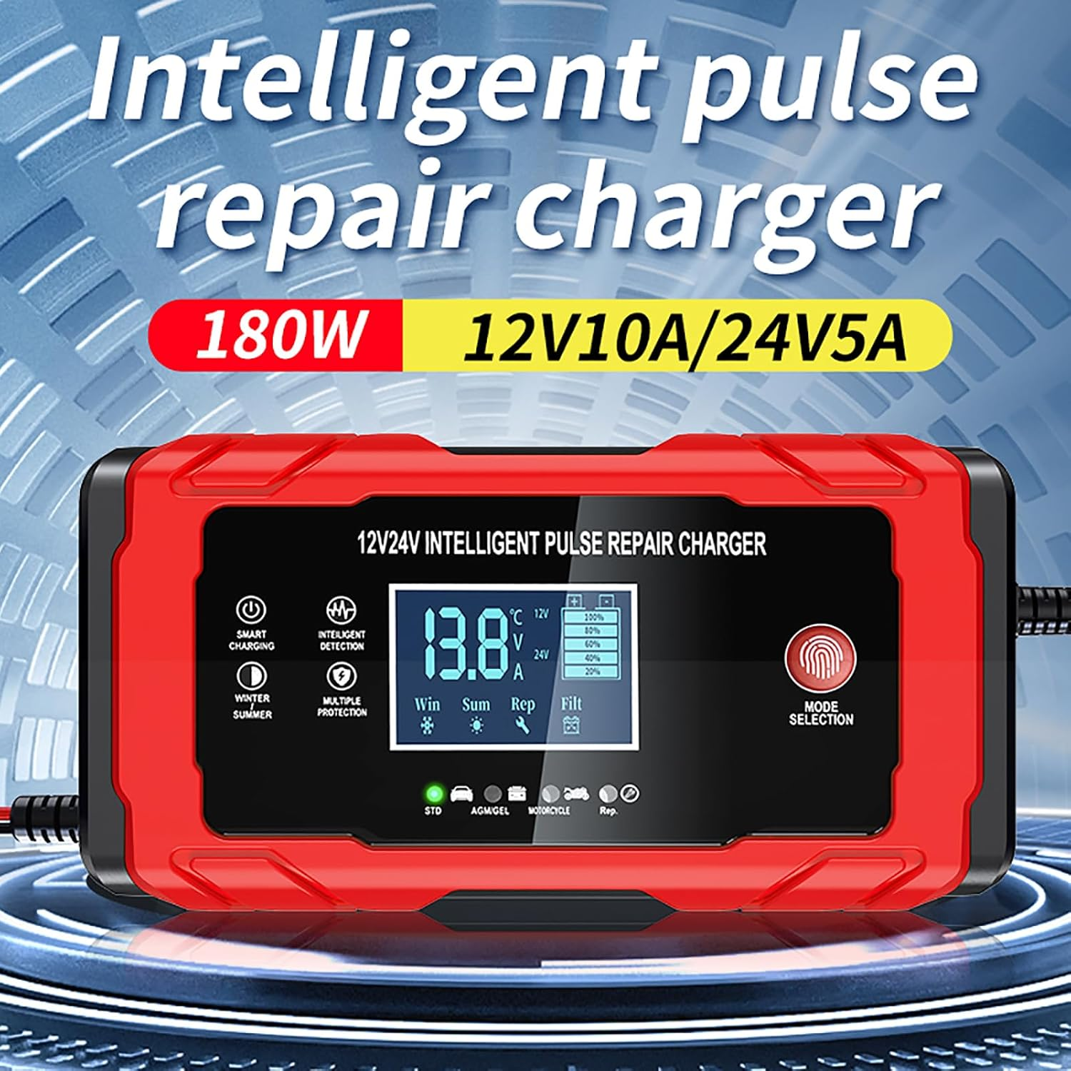 TEKXDD Car Battery Charger 10 Amp &ndash; 12V/24V Smart Trickle Charger 7 Stage, Fully Automatic Battery Maintainer with LCD Display/Temperature Compensation, Trickle Maintainer for Car, Truck, Motorcycle image number 1