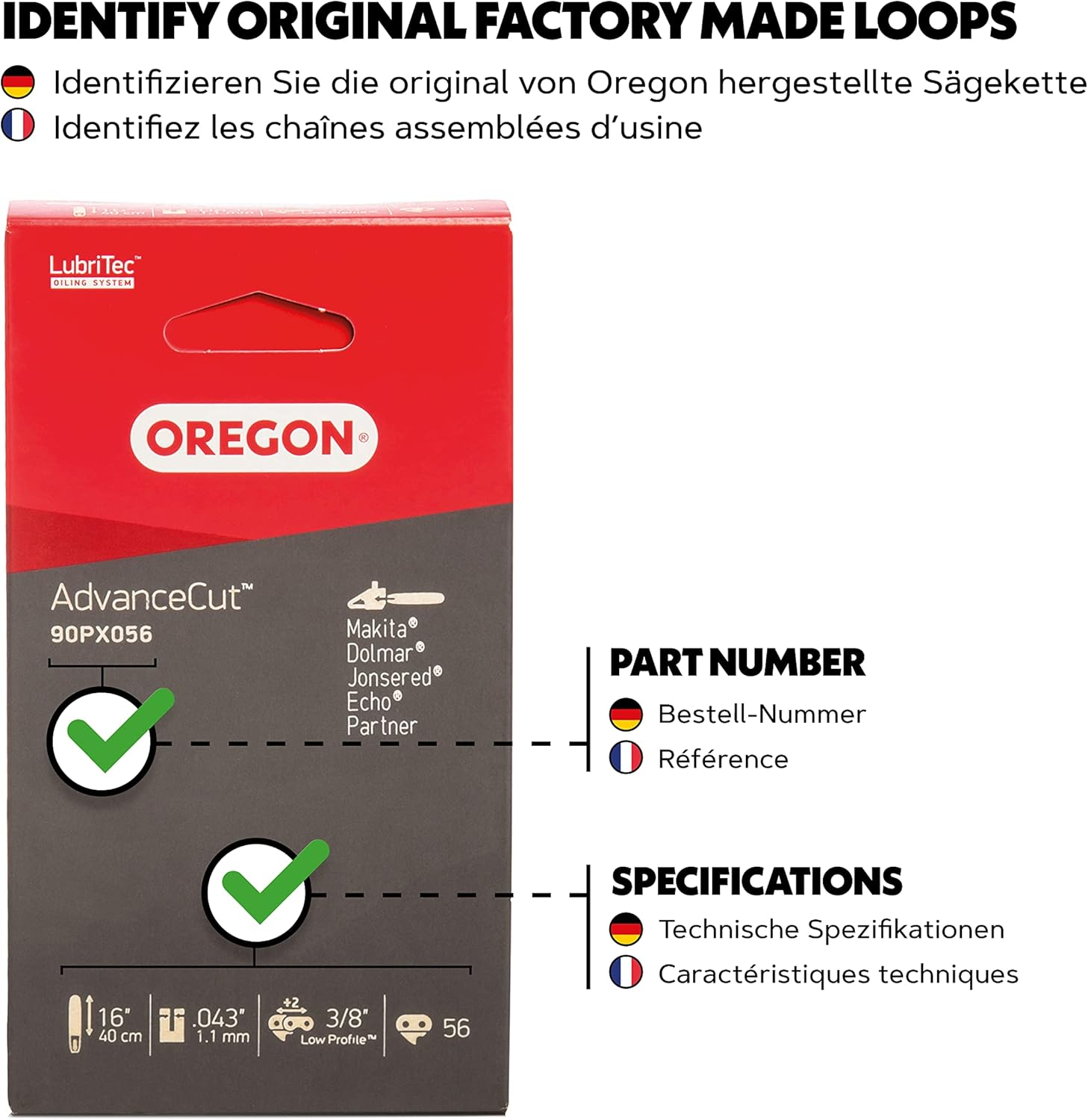 Oregon Advancecut&trade; Saw Chain to Fit 16-Inch (40Cm) Dewalt, Greenworks, Mcculloch and Parkside Chainsaws, 56 Drive Links (90PX056E) image number 3