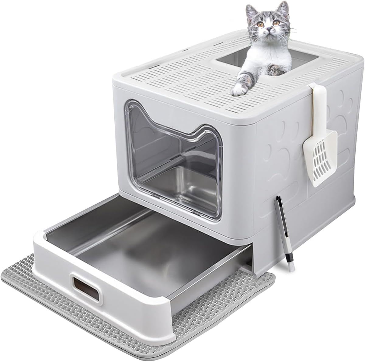 Blissify Enclosed Stainless Steel Litter Box, Large Kitty Litter Tray with Scoop & Drawer Design, Foldable Pet Toilet Box with High Sided, Anti-Leakage, Non-Sticky, Easy Cleaning, Grey image number 5