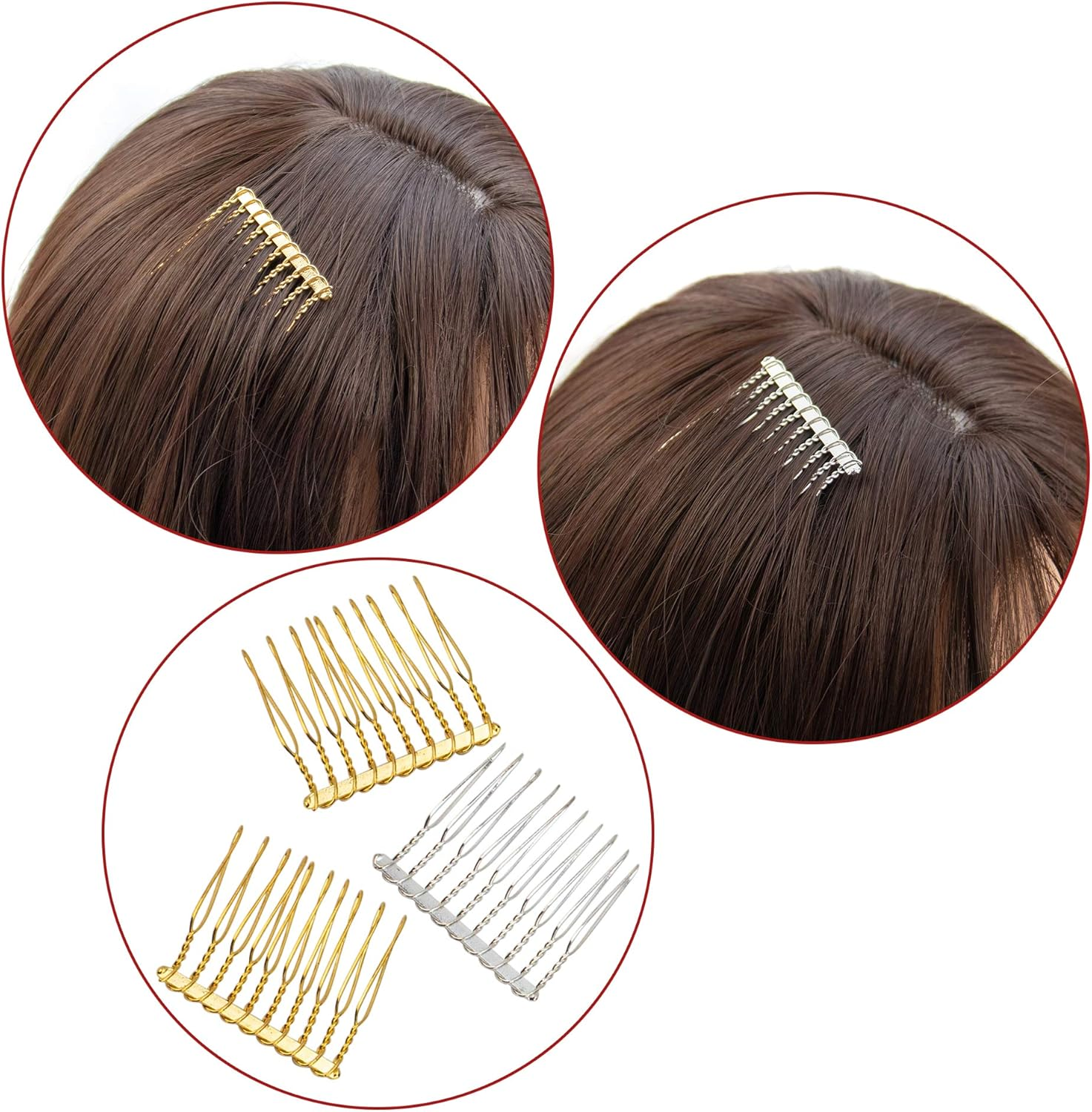 AUEAR, 20 Pack 10 Teeth Metal Veil Comb Hair Wire Clips Twist Bridal Wedding Combs Silver Gold image number 2