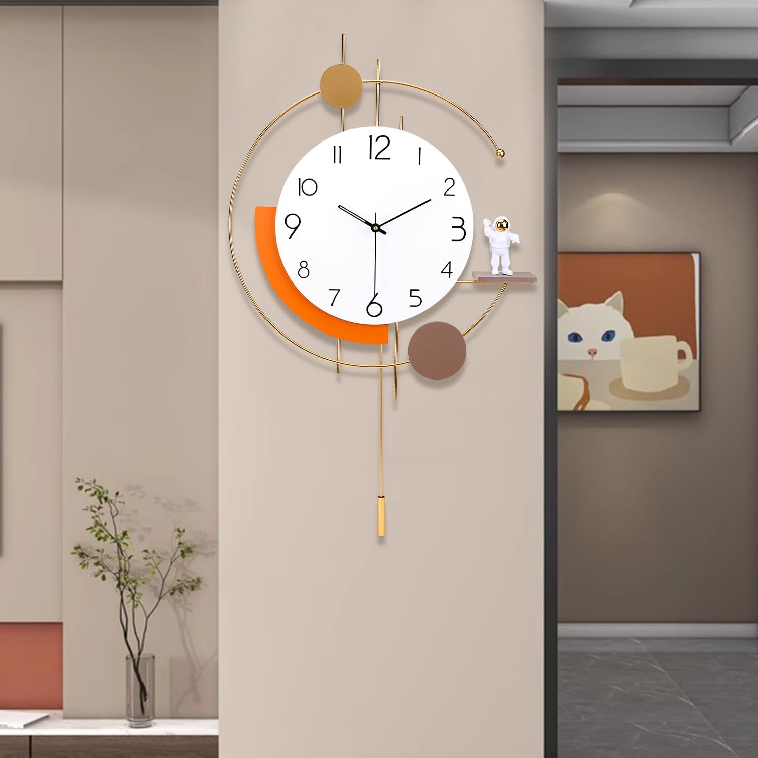 Large Wall Clock Decor Modern Decorative Clock Non Ticking Pendulum Wall Clocks for Bedroom Office Kitchen Silent Big Wall Clock with 1 Ornaments Wall Decor for Home 13.7 * 23.6 Inch Golden