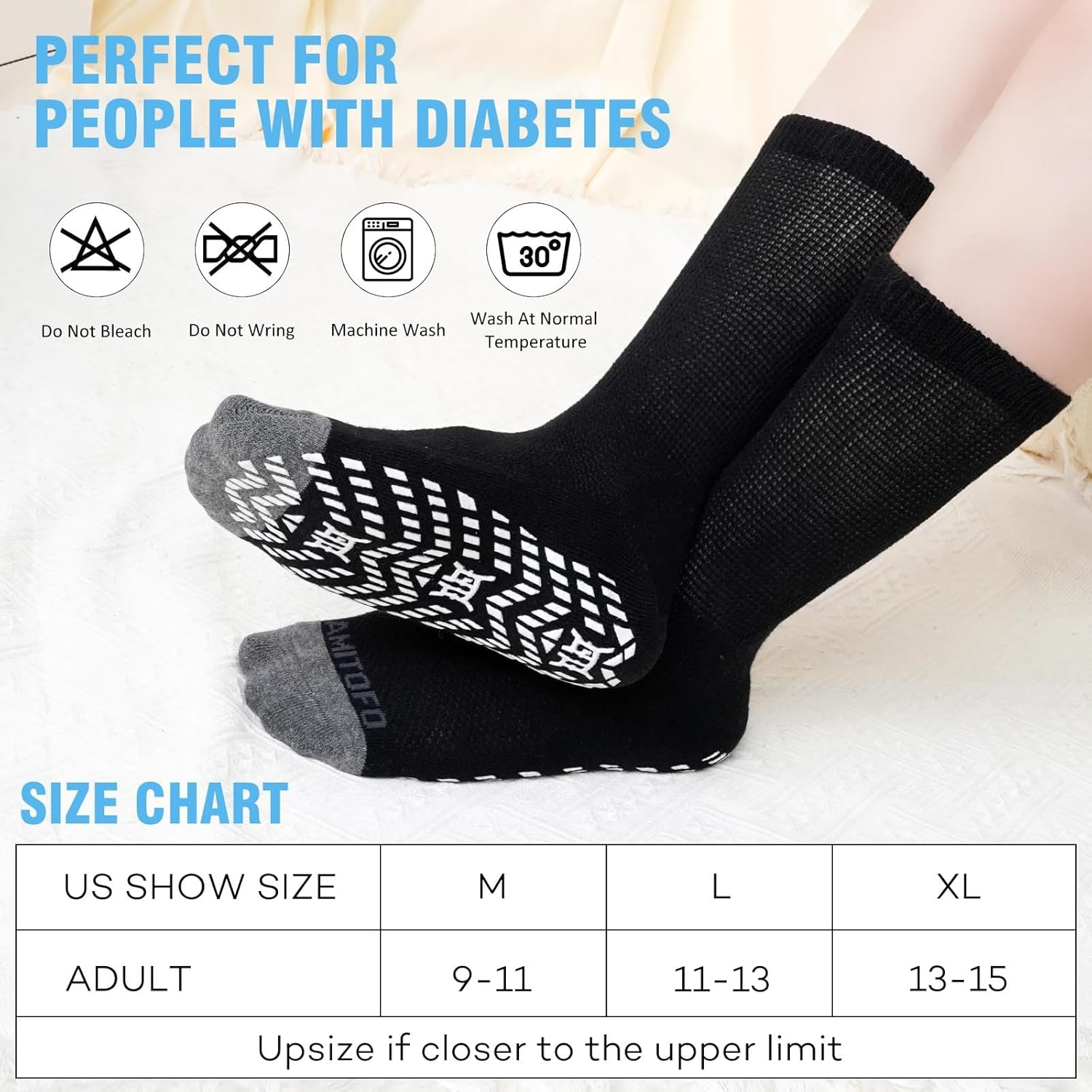 Caidienu Non Slip Diabetic Socks: 4 Pairs Extra Wide Hospital Socks for Men Women with Grips Elderly Edema 9-15 image number 3