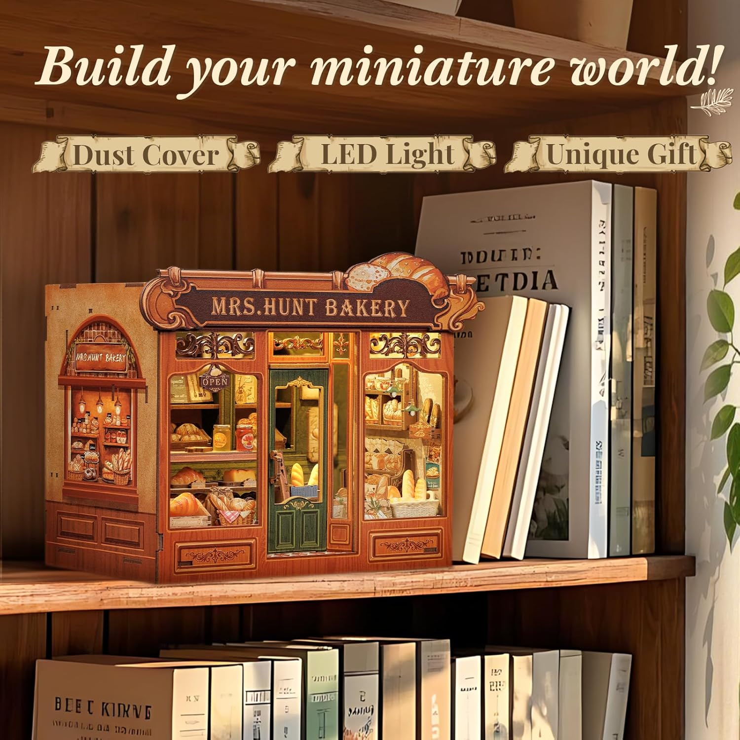 CUTEBEE Book Nook Kit - DIY Miniature House Dollhouse Kit for Adults and Teens, Booknook Tiny House Bookshelf Decor with LED Light, Gifts for Family and Friends (Mrs.Hunt Bakery) image number 4