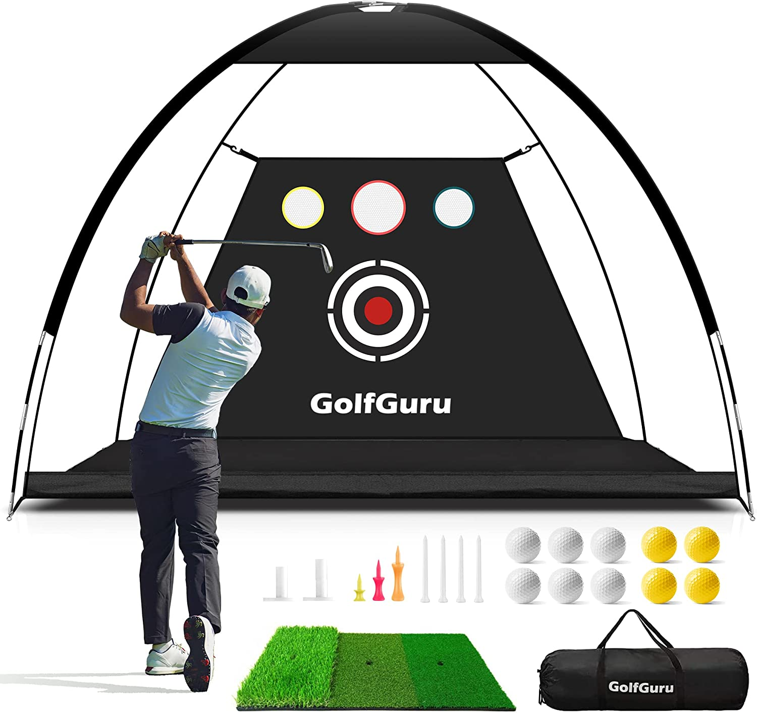 Golfguru All-In-1 Golf Practice Net, 10X7Ft with XL Tri-Turf Mat, Impact Target, 10 Balls, 9 Tees, Carry Bag - for Backyard Driving Chipping Indoor image number 5